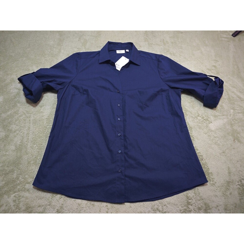 Kim Rogers Button Down Shirt Roll Tab Sleeve Harbor Blue Top XL Linen Rayon New